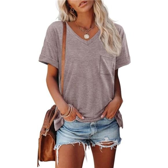 Womens T Shirts 2025 Short Sleeve V-Neck Shirts Cute Fit Summer Casual - Picture 1 of 7